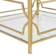 Square Glass Coffee Table In 33.5", Luxurious Geometric Metal Frame, Gold Finish & Lower Shelf, Transparent