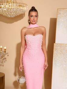 Elegant Beaded Decor Strapless High Slit Bridesmaid Dress, Bandage Party Gown - Pink - View 7