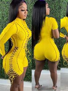 Women's Fashion Sexy Patchwork Solid Color Drawstring Long Sleeved Jumpsuit - Màu vàng - Xem 1