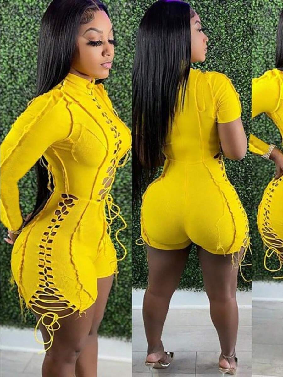 Women's Fashion Sexy Patchwork Solid Color Drawstring Long Sleeved Jumpsuit - Màu vàng - Xem 1