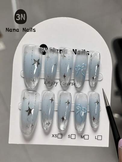 1Package/10Pcs Long Cat-Eye Press-On Nails -100%Handmade- Baby Blue Gradient With 3D Bow Accents & Starry Shooting Star Details, Elegant Spring/Summer Design For Girls & Women, Multi-Occasion Wear (Xs/S/M/L) Nail Supplies Nails