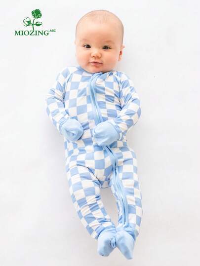  MIOZING Bamboo Fiber Blue Checkerboard Print Long-Sleeve Zip-Up Bodysuit - Unisex /  High Neck/Bamboo Fiber Fabric/ Toddler Kids Jumpsuit Set/ Baby Zip Up Clothes/ Baby Clothes/ Baby Clothes Girl/ Baby Boy Items/Mother's Day