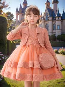 Girls' 2-Piece Dress Set With Bag | Sleeveless Layered Tulle Tutu & Floral Pearl Top | Formal Outfit For Special Occasions (4-9 Years)Coral - 珊瑚橙 - 查看 1