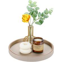 Plateau décoratif rond à rayures verticales avec bordure dorée, plateau en PU pour la décoration de table, la décoration de la maison, le rangement de bureau pour les bijoux, les parfums, les clés - Esthétique de luxe