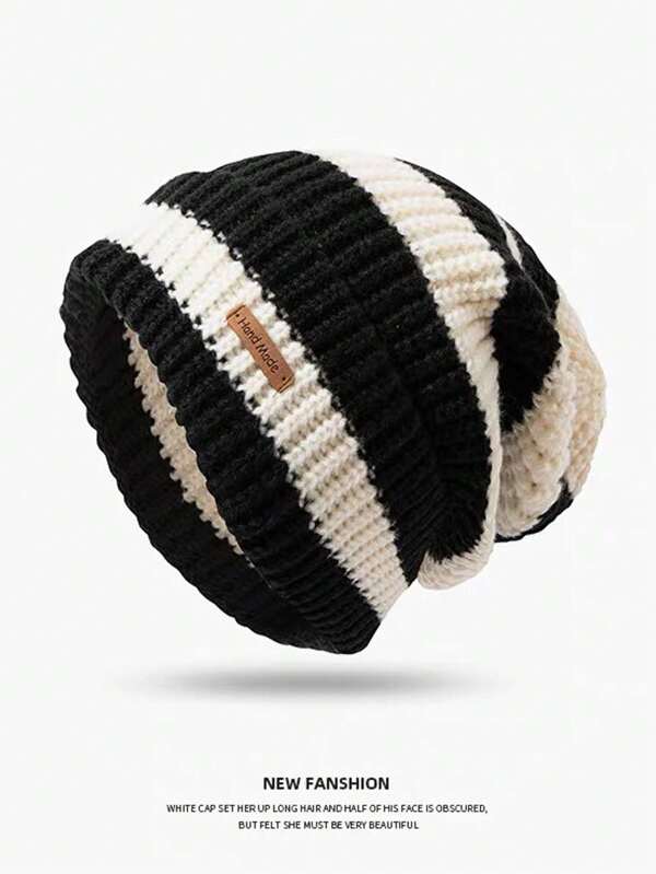 Nuovo berretto a maglia lasco a righe, circonferenza della testa ampia, stile giapponese retrò, cappello invernale caldo, berretto lavorato a maglia, lusinghiero, alla moda, casual, in poliestere, ricamato, autunno/inverno