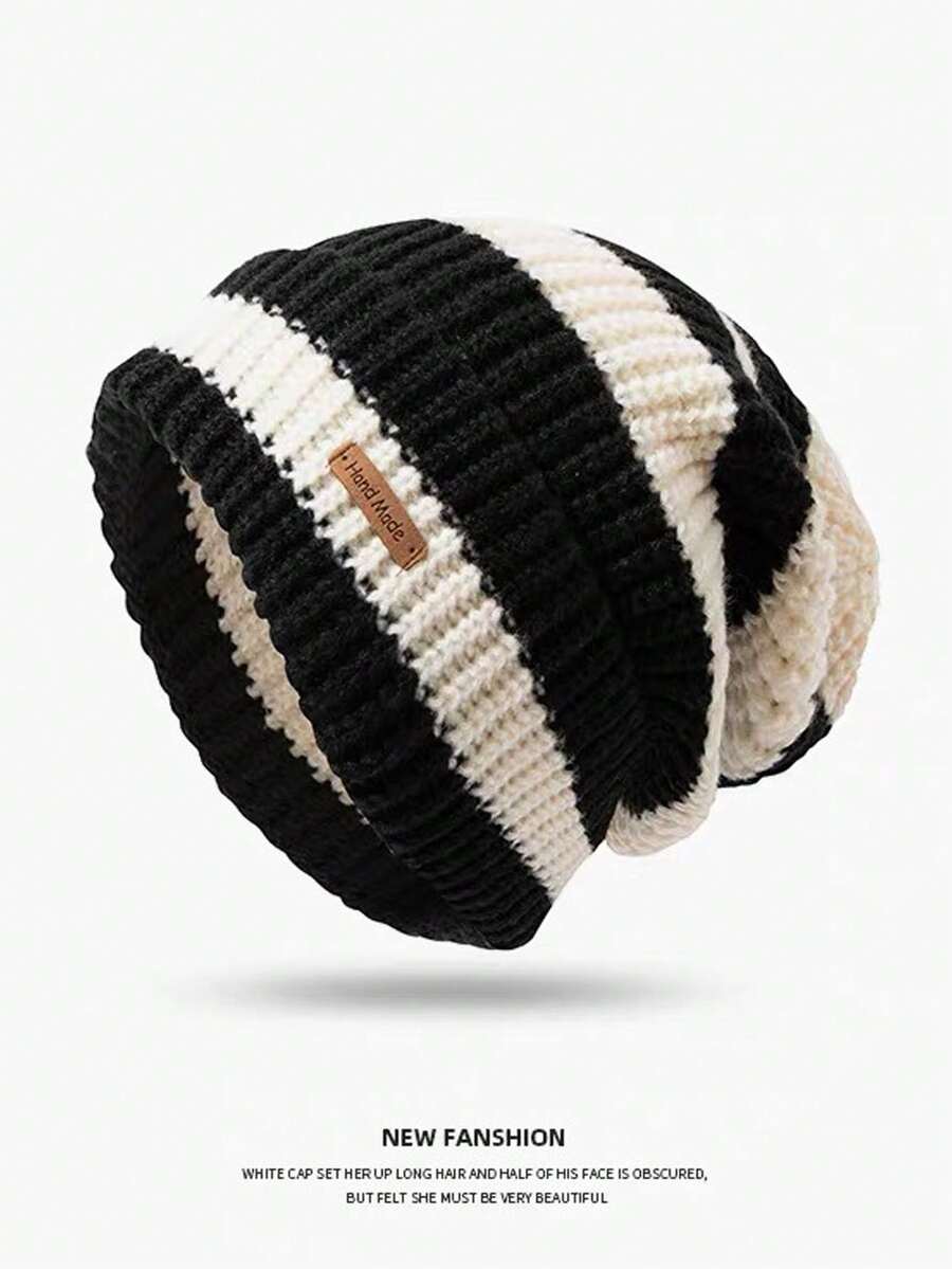 新款宽松条纹针织帽大头围复古日系保暖冬帽针织帽修身时尚休闲涤纶刺绣秋冬 - 帽子 - 查看 1