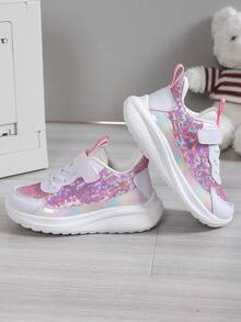 1 Pair Glittery Hook And Loop Girls' Athletic Shoes, Fashion Comfortable Non-Slip Durable Lightweight Casual Shoes For Students, Slip-On Design, Stable Fit, Suitable For Daily Wear And Running - Hot Pink - View 2