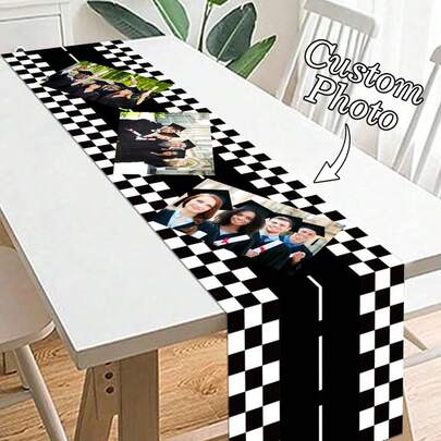 1pc Customizable Linen-Like Black & White Plaid Table Runner, Printed With Your Photo, Suitable For Indoor Kitchen, Dining Table Decor, Party, Anniversary, Holiday, Graduation