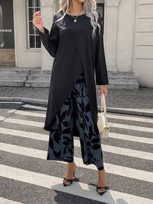Conjunto de 2 piezas de camisa de manga larga con cuello redondo y bajo asimétrico casual + pantalones estampados con flores, diseño asimétrico/asimétrico sin superposición, patrón de plantas/hojas
