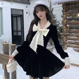 1pc French Elegant Aristocrat Bowknot Waist Slimming Dress Outfit, Lolita Daily/Birthday/Party Wear, Suitable For Holiday Parties, Performances, Cosplay ,Halloween Costume, Party Dress