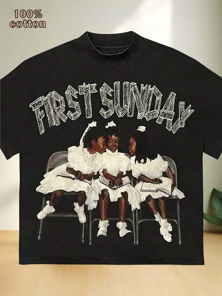 First Sunday Graphic T-Shirt - Vintage Cotton Crew Neck Tee, Retro Summer Breathable Short Sleeve Shirt, Unique Artistic Print For Men And Women, Ideal Gift For Birthdays, Casual Wear, And Special Occasions - 黑色 - 查看 1