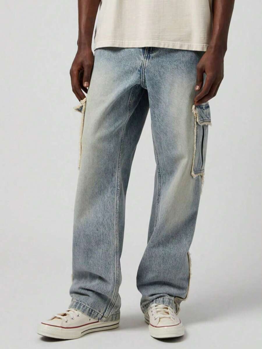 Men's Washed Vintage Pocket Cargo Straight Loose Fit Distressed Jeans