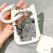 Cute Cat Design Card Holder With Keychain, Perfect For Student Bus Card, Subway Card And Campus ID Card - Durable And Stylish Document Protector, Student Accessories | Silicone Case - Color - View 2