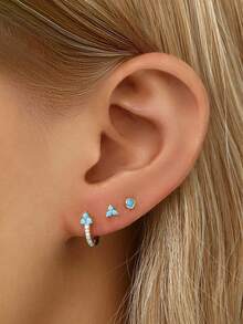 2 piezas Pendientes de botón cuadrados de circonita de plata de ley 925, pendientes de botón de circonita triangulares de bajo alergenico dorados, adecuados para uso diario de mujeres - Plateado - Ver 6