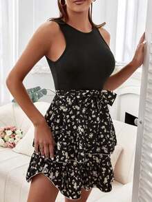 Mujer Floral Color Block Multi Layered Vest Cami Dresses - Negro - Ver 5