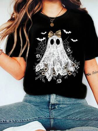加大码女式夏季幽灵、蝴蝶结、蜘蛛网、蝙蝠、花朵图案 T 恤，休闲舒适上衣日常穿着Vacay Vibes Curve Plus，Curve Plus 秋季服装，女式加大码服装，Curve Plus 上衣，加大码圣诞节，女式加大码图案 T 恤，感恩节加大码