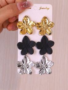 3 对时尚五瓣花金、银、黑耳环套装，适合女性日常佩戴 - 彩色 - 查看 1
