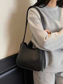 Fashionable Underarm Bag For Women, Minimalist Solid Color, Wide Strap, Bucket Bag, Versatile Zipper Shoulder Crossbody Bag - Black - View 9