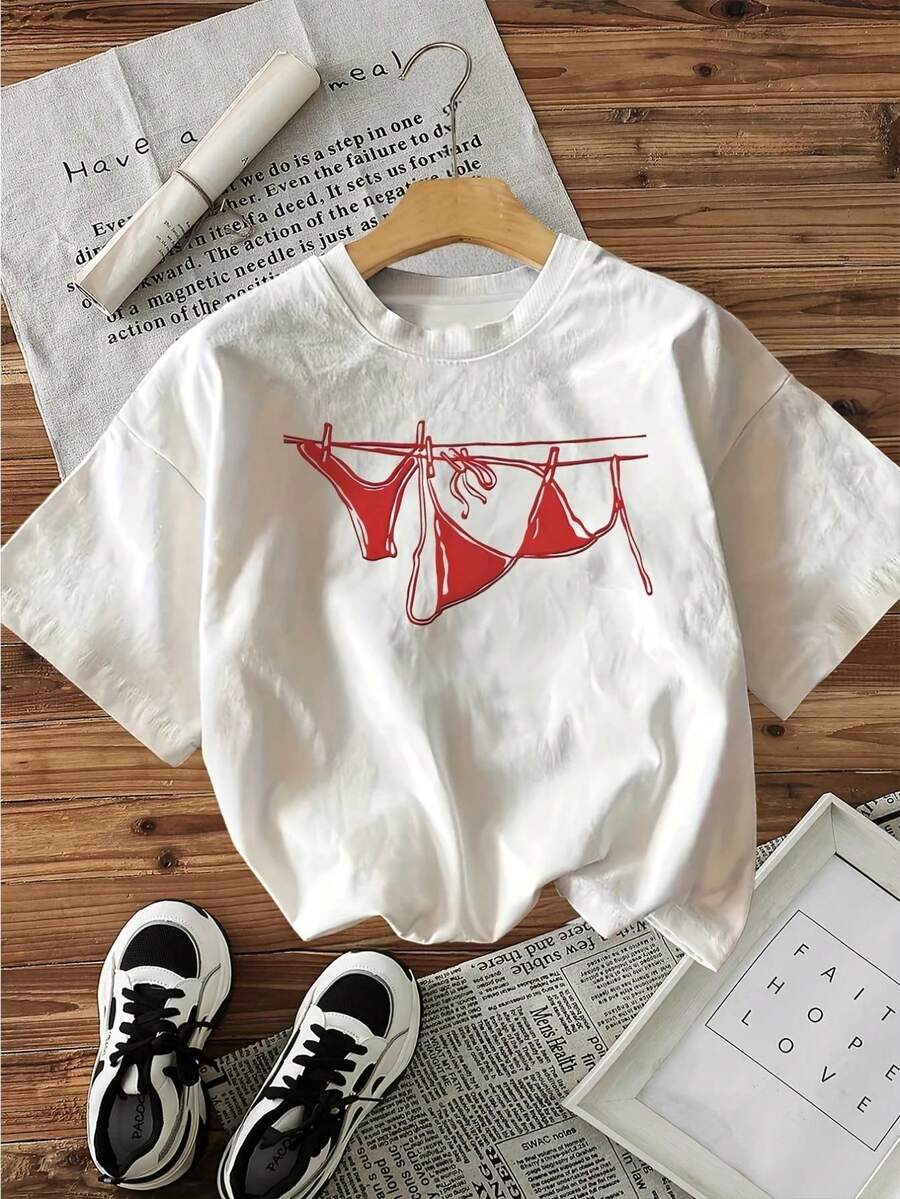 Women'S Casual Crew Neck T-Shirt With Bikini And Rope Print, Short Sleeve, Regular Length - Perfect For Summer Outfits, Graphic Tees Women Birthday/School/Festival Gifts - 白色 - 查看 1