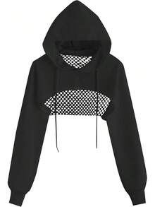 Womens Cropped Hoodie Fishnet Long Sleeve Crop Top Hollow Out Drawstring SweatshirtChristmas - 紫色 - 查看 6