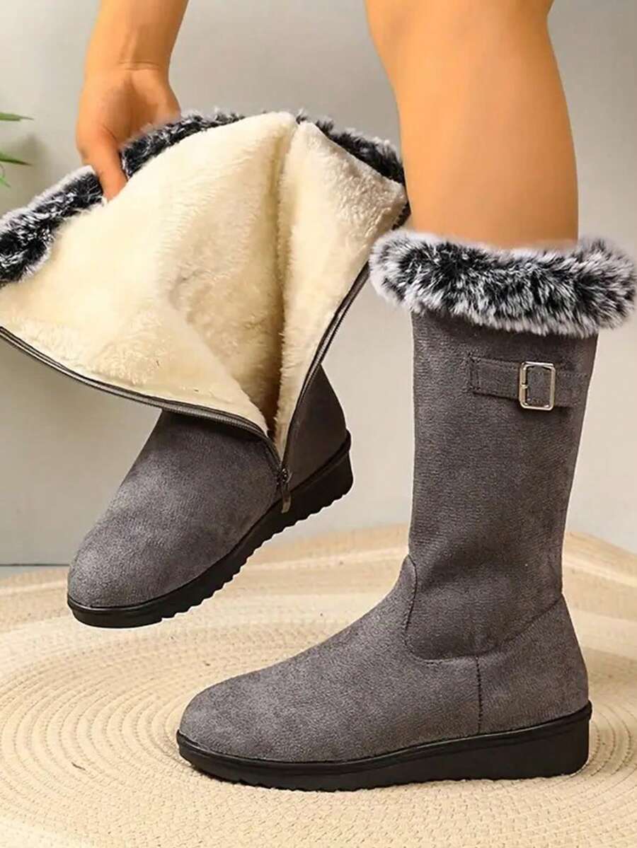 Women's Mid-Calf Snow Boots, Thick Thermal Lined, Wedge Heel, Warm & Soft Material, Side Zipper, Round Toe, Versatile Winter Outdoor Boots (Shoe Mouth & Foot Length Run Small By 1 Size) - 灰色 - 查看 1