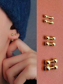 3 对不锈钢豆形耳环，适合男孩和女孩，时尚简约镀金球形耳钉耳环 3/4/5 毫米套装 - 均碼 - 查看 2