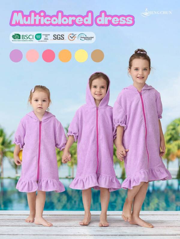 1pc Girls' Hooded Zip-Up Swim Cover-Up, Cute Puff Sleeve With Skirt, Available In Multiple Ages, Absorbent Towel Fabric, Suitable For Toddlers & Kids, Great For Home, Swimming, Bathing
