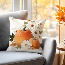 1pc Thanksgiving Pumpkin & Floral Single-Sided Printed Throw Pillow Cover - Peach Velvet Cushion Cover 45*45cm