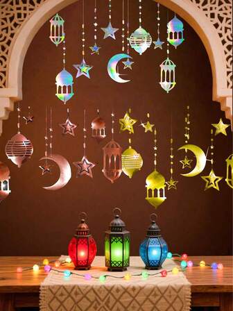 Juego de 8 piezas de flores de papel decorativas para Ramadán, decoraciones colgantes de Ramadán, decoraciones de fondo para fiestas, decoraciones de ambiente para fiestas, colgantes decorativos de Ramadán en dorado, colgantes decorativos de Ramadán en oro rosa, colgantes decorativos de Ramadán en plata láser