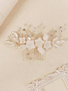 1 件手工陶瓷花和银叶新娘发梳，婚礼发饰 - 銀色 - 查看 13