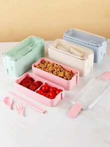 Bộ hộp cơm bento 3 trong 1, hộp đựng thức ăn 3 ngăn kèm dụng cụ, dùng được trong lò vi sóng và máy rửa chén, phù hợp cho bữa trưa, bữa ăn nhẹ, đi học và du lịch, đồ dùng thiết yếu cho năm học mới. - Nhiều màu - Xem 3