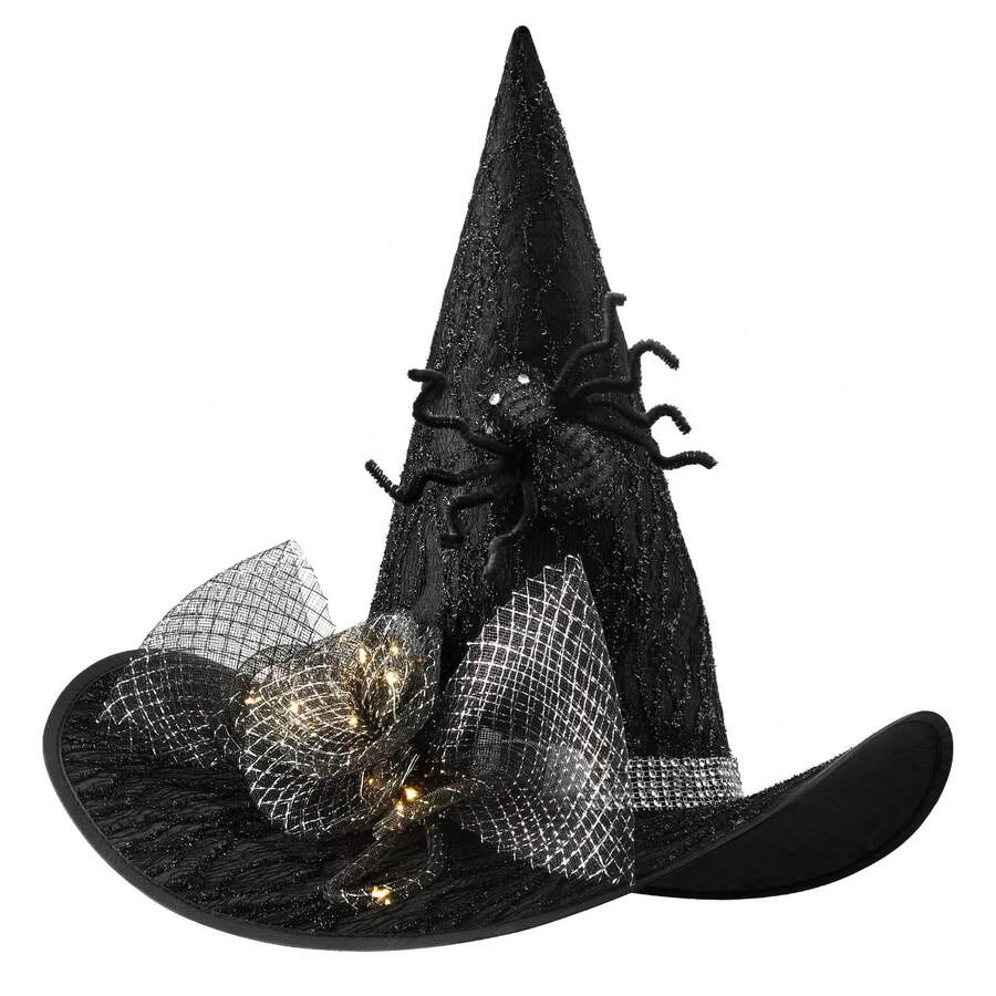 Hatisan 1Pcs Witch Hat, Halloween Decorative Hat With Spider & LED Lights, Gothic Style Party Headwear, Witch Cosplay Accessories For Halloween Costume Party - 黑色蜘蛛 - 查看 1