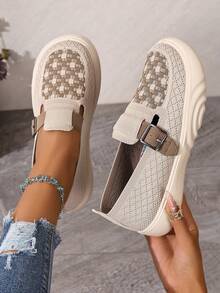 Women's Casual Sneakers, Rhombus Pattern Slip-On Flats, Non-Slip Wear-Resistant Low-Top PVC Flat Shoes - Beige - View 2