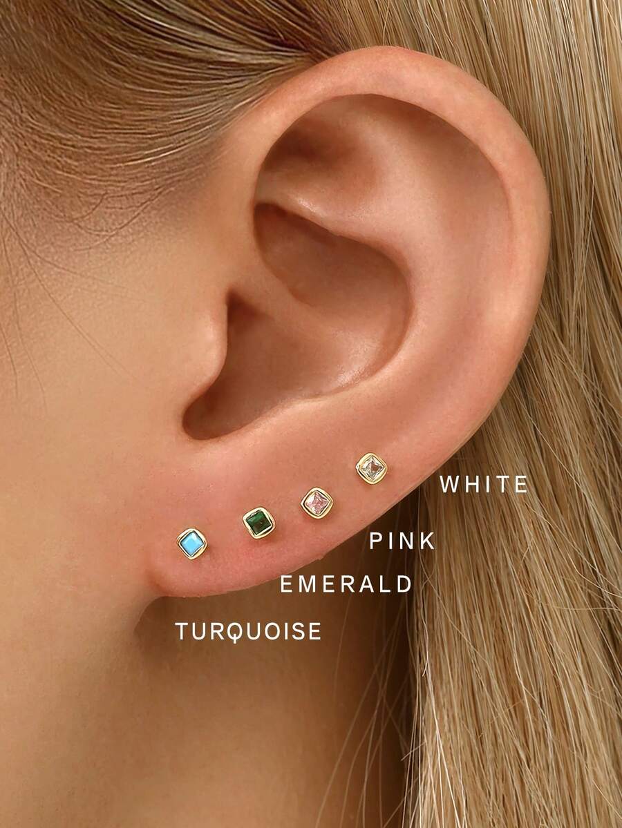 2 bông tai đinh tán cỏ ba lá nhỏ bằng bạc Sterling 925 màu, bông tai đinh tán hình tam giác ba viên đá CZ màu vàng không gây dị ứng, dành cho phụ nữ đeo hàng ngày