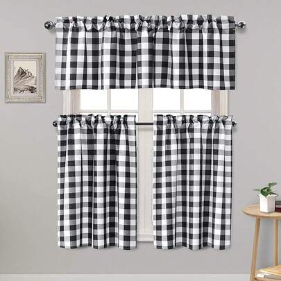 Hiasan 3 PCS Black Semi Sheer Kitchen Valance Curtains Privacy Protection And Light Reducing Checkered Tier And Rod Pocket Buffalo Plaid Valance Window Curtains For Small Windows, Living Room And Kitchen