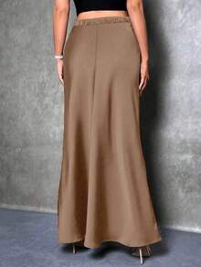 Solid Color High Waist Elegant Charmeuse Satin Skirt, Women Plus Size Midi Skirt, Suitable For Spring, Summer, Autumn