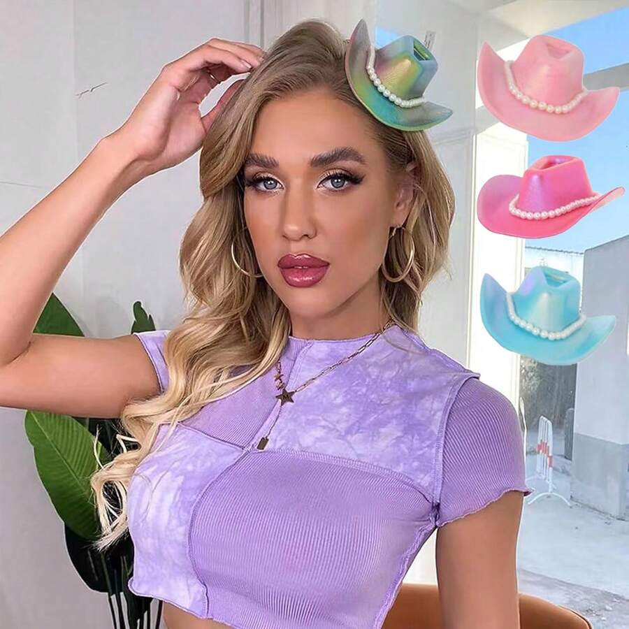 2pcs Bohemian-Style Western Cowboy Mini Hats Western Rhinestone Cowboy Hats Western Pearl Cowboy Hats Neon-Colored Women's Cowboy Hats Disco Party Hats Role-Playing Costume Accessories Party Hair Accessories Cowboy-Themed Hats