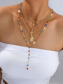 1/4pcs Vintage Metal Jesus Cross Pendant Y-Shaped Long Necklace, Boho Style Colorful Crystal Pendant Necklace Set, Suitable For Women Daily And Vacation Wear, Holiday Gift For Friends (Crystal Color Random)