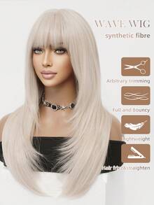 华丽浪漫 26 英寸直金色假发，带刘海，适合自然发质，轻盈透气，Y2K 耐热合成纤维假发，适合女性日常佩戴，节日派对假发，角色扮演，万圣节，圣诞节礼物，音乐表演，休闲时尚假发 - 金色 - 查看 7