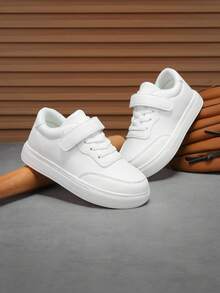 Yamepp 1 Paar Kinder Freizeitschuhe, einfarbige schlichte weiße Sneaker, Klettverschluss, leicht & bequem für die Schule