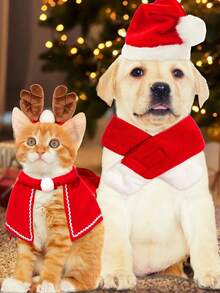 1pc Pet Christmas Costume Outfit,Reindeer Antlers Headband Santa Christmas Hat Christmas Red Scarf And Pet Cloak For Dog Cat Pet Christmas Party Cosplay Supplies