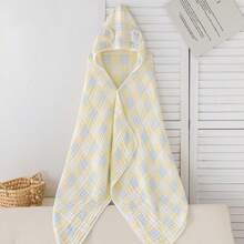 Six-Layer Seersucker Bamboo Cotton Bath Towel, Cute Baby Bath Towel, 70 X 120 Cm Hooded Bath Towel, Bath Towel, Suitable For Toddlers, Newborns, Baby Essentials For 1-3 Years, Suitable For Baby Bath, Bath Gift For Newborns - 黃藍格子 - 查看 1