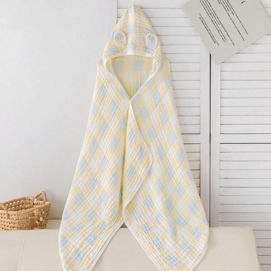 Six-Layer Seersucker Bamboo Cotton Bath Towel, Cute Baby Bath Towel, 70 X 120 Cm Hooded Bath Towel, Bath Towel, Suitable For Toddlers, Newborns, Baby Essentials For 1-3 Years, Suitable For Baby Bath, Bath Gift For Newborns - 黃藍格子 - 查看 1