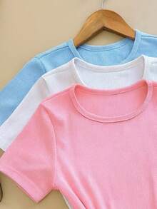 Kit 3 Women's Ribbed Blouses, Baby Tee, Basic Short Sleeve Babylook Colors  2025 - Pink/White/Blue - View 2