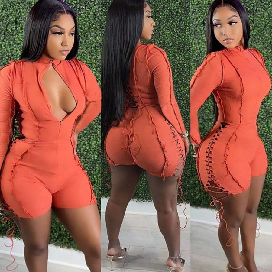 Women's Fashion Sexy Patchwork Solid Color Drawstring Long Sleeved Jumpsuit - Orange - View 1