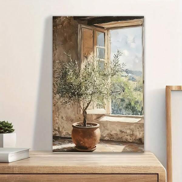 1pc Frameless Canvas Print - Open Window With Lush Greenery, Nature-Inspired Art Decor For Living Room, Bedroom, Office, Or Outdoor Spaces, Perfect Birthday Or Holiday Gift, Bedroom Wall Decoration Rustic Charm Decor Frameless, Canvas Wall Art