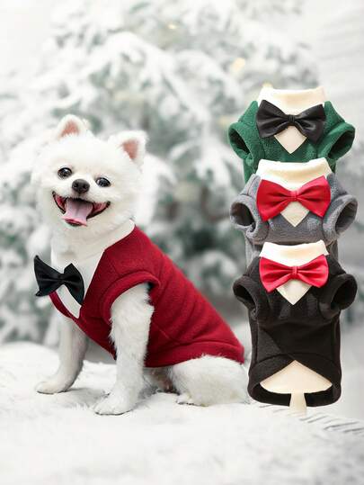 Party & Banquet Pet Dog/Cat Thermal Lined Short Sleeve Sweatshirt With Bow Tie Decor, Suitable For Small Dogs, Christmas, Christmas Decorations