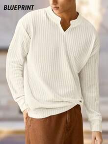 1pc Men's Autumn Textured Fabric Long Sleeve Base Layer Pullover T-Shirt, Textured Fabric With Vertical Striped Z-Pattern, Low-Key Luxurious Old Money Style, Beige