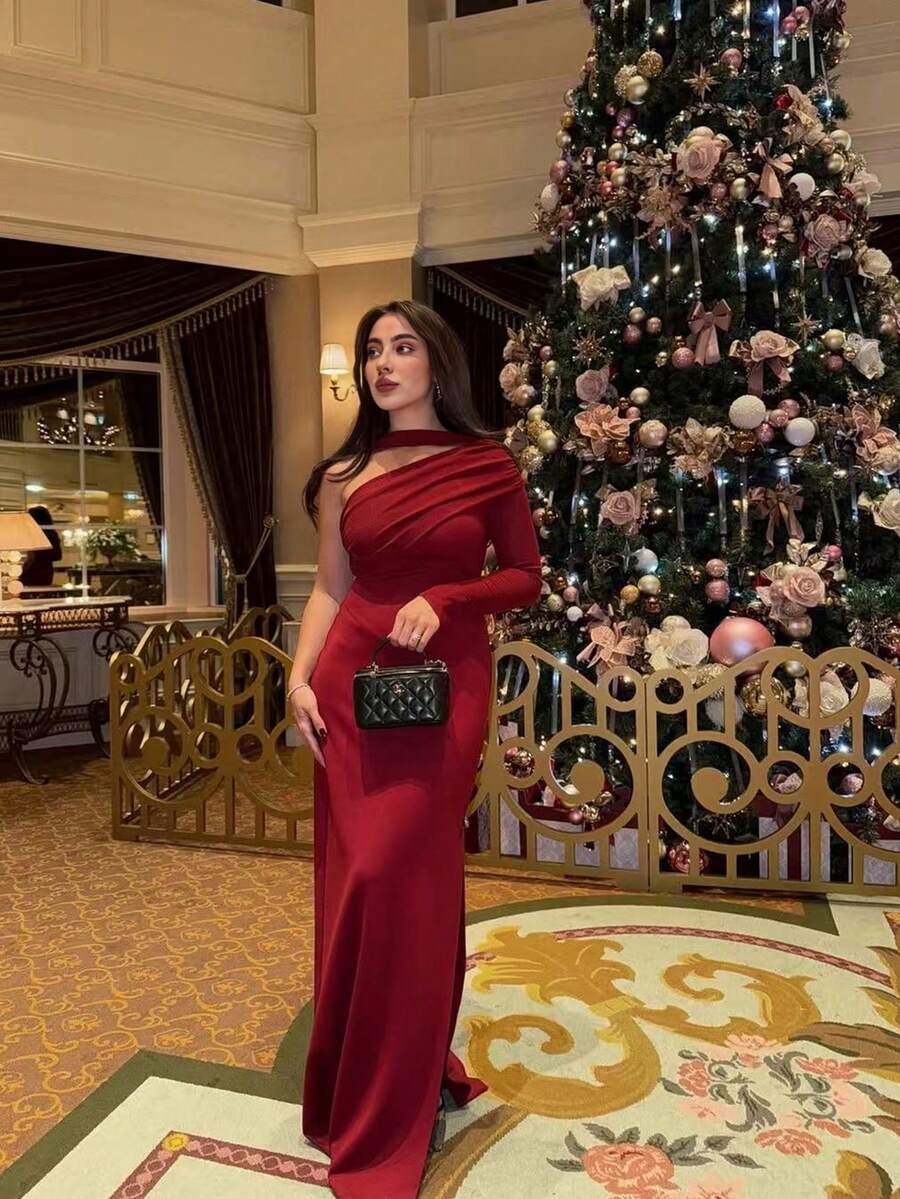 Vestido de mujer de unicolor, de manga larga, con dobladillo oblicuo fruncido, sexy, para vacaciones, fiestas, Navidad, otoño/invierno