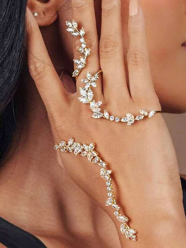 1pc Adjustable Zirconia Leaf Bangle Bracelet, Unique European & American Style Jewelry Accessory For Women